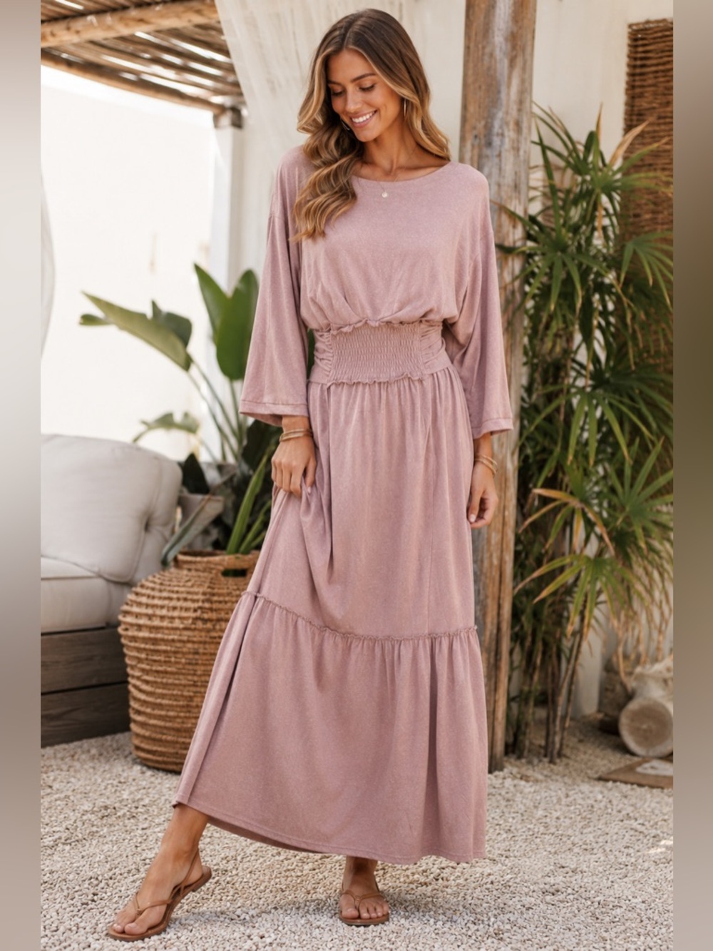Free People Beach Size S  Blush Pink Open Back Bohemian Knit Tie  Maxi Dress